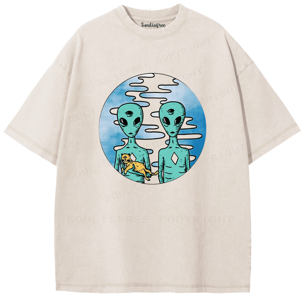 Soulisfree Alien Visit Intergalactic Cat Lover Washed Tee