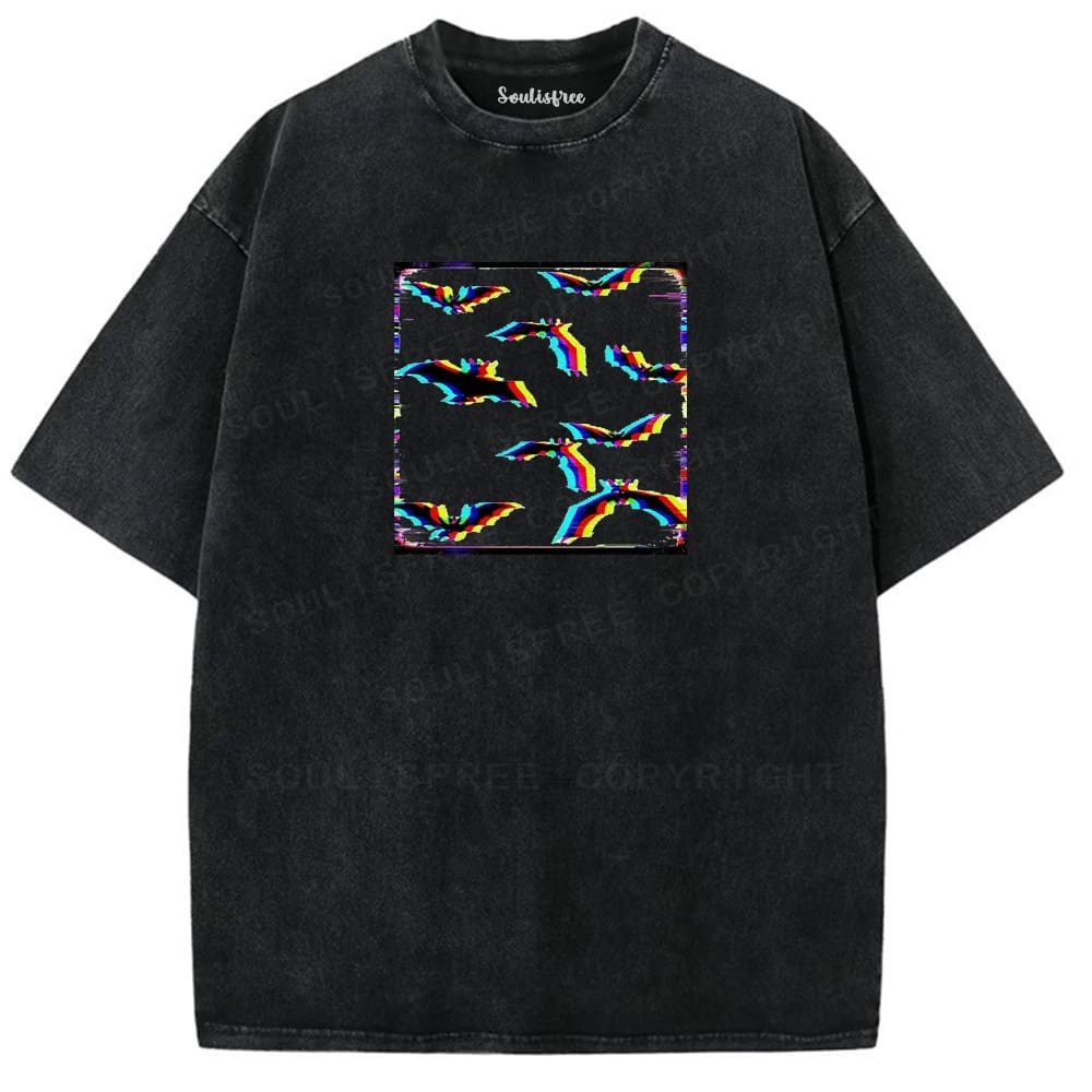 Soulisfree Glitch Bats Rainbow Static Illusion Washed Tee