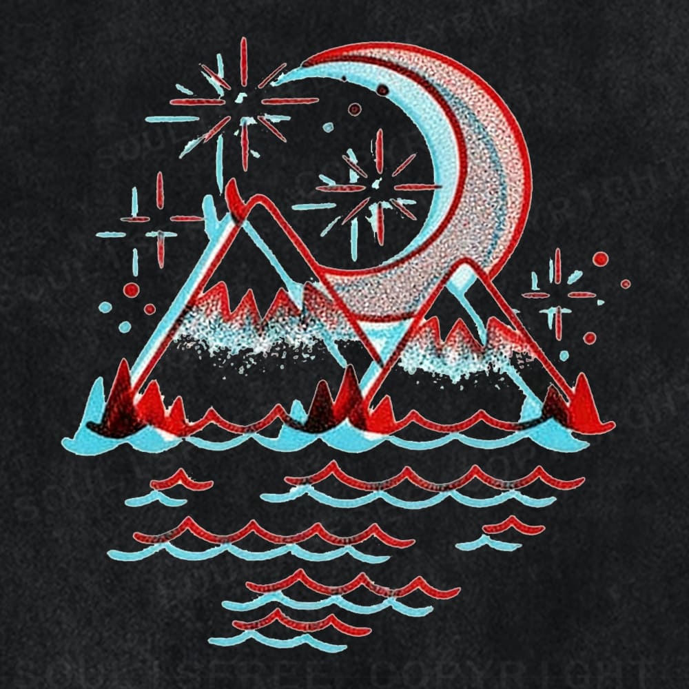 Soulisfree Mountain Moon Wave Print Illusion Washed Tee