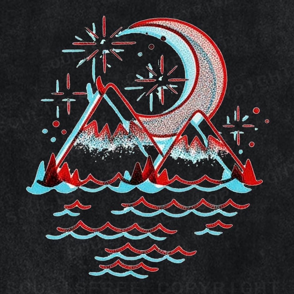 Soulisfree Mountain Moon Wave Print Illusion Washed Tee