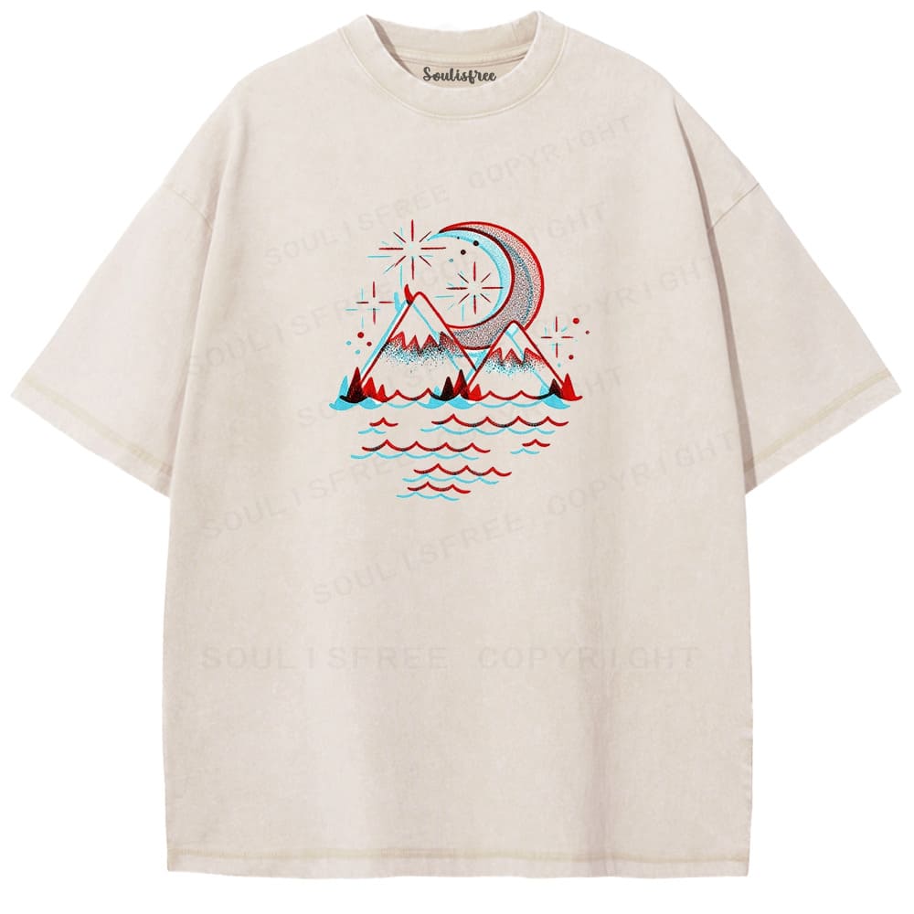 Soulisfree Mountain Moon Wave Print Illusion Washed Tee