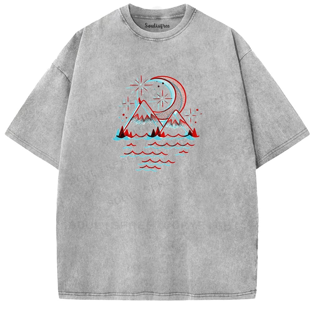 Soulisfree Mountain Moon Wave Print Illusion Washed Tee