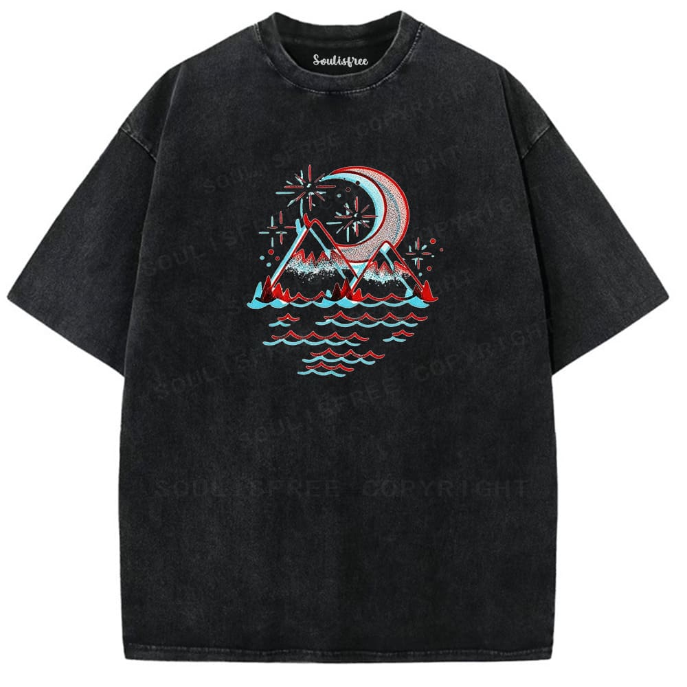 Soulisfree Mountain Moon Wave Print Illusion Washed Tee