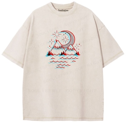 Soulisfree Mountain Moon Wave Print Illusion Washed Tee