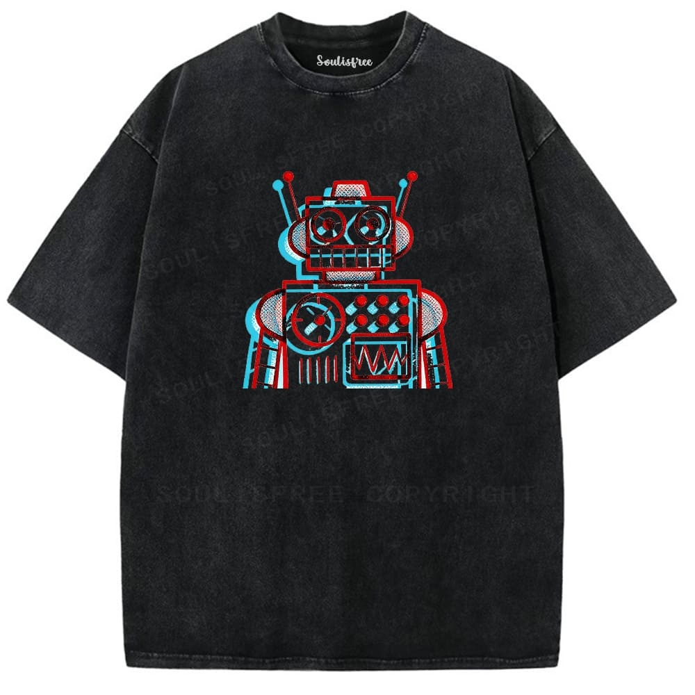 Soulisfree Retro Robot Design Illusion Washed Tee