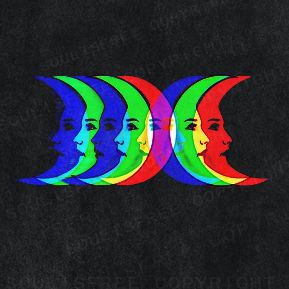 Soulisfree Rainbow Moon Face Symmetric Print Illusion Washed Tee