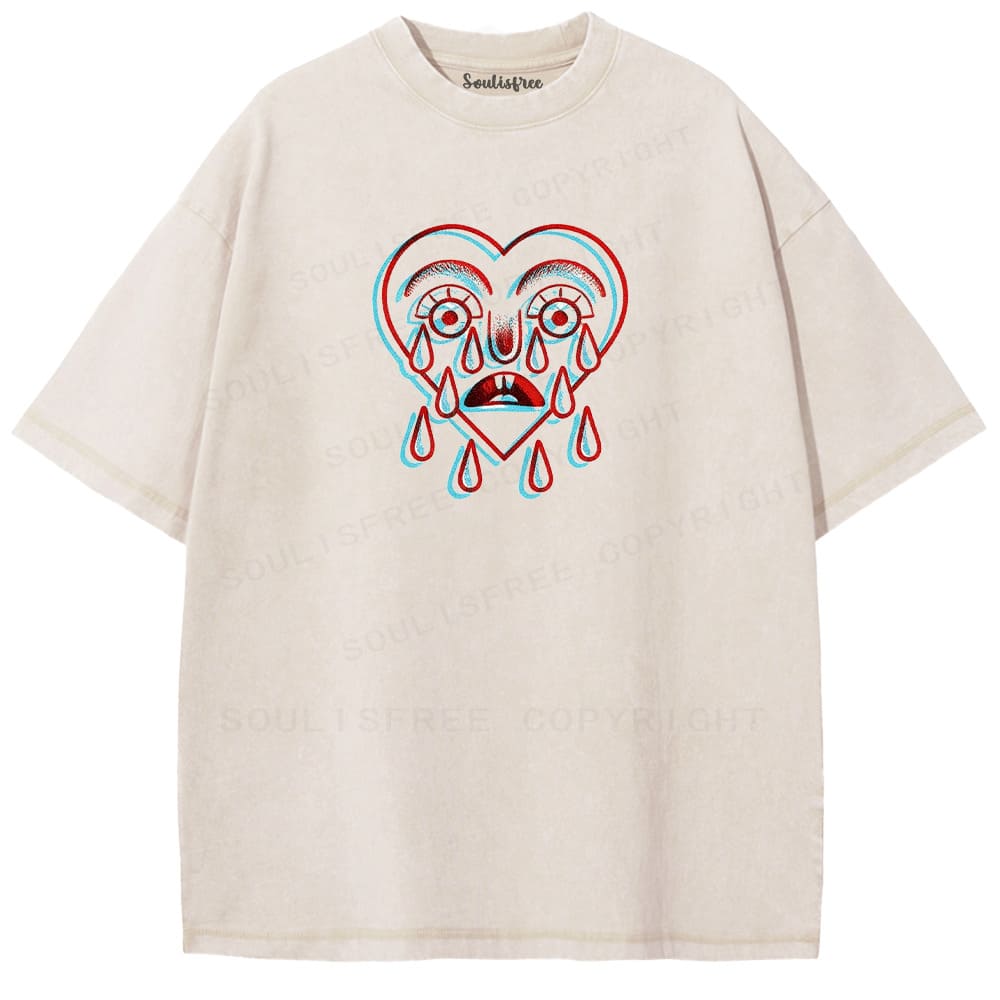 Soulisfree Emotional Face Teardrop Graphic Illusion Washed Tee