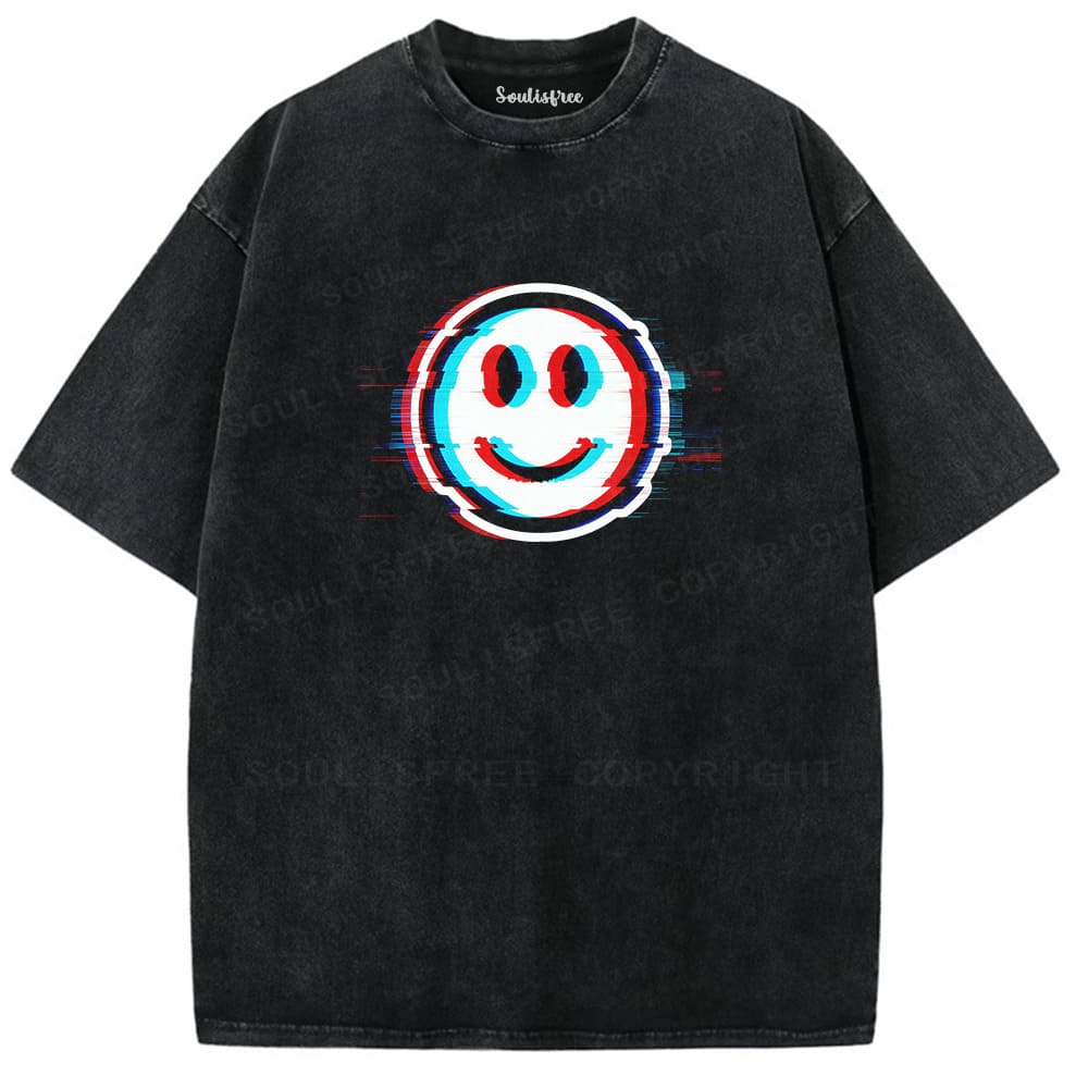Soulisfree Glitch Smile Dual Line Illusion Washed Tee