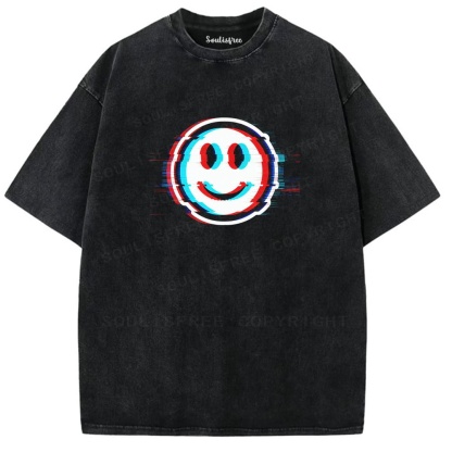 Soulisfree Glitch Smile Dual Line Illusion Washed Tee