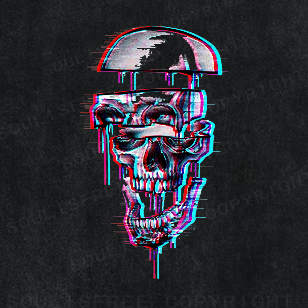 Soulisfree Glitch Skull Stripes Drip Illusion Washed Tee