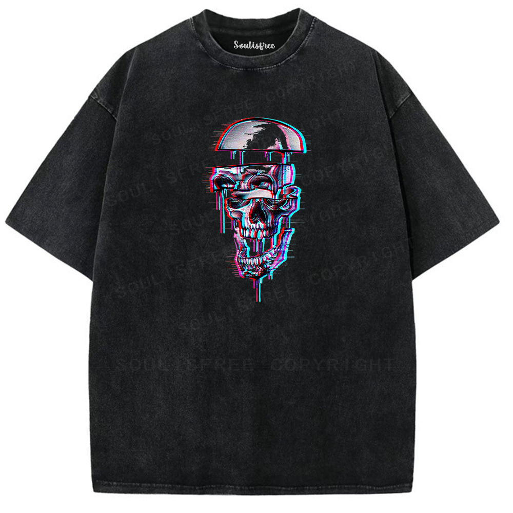 Soulisfree Glitch Skull Stripes Drip Illusion Washed Tee