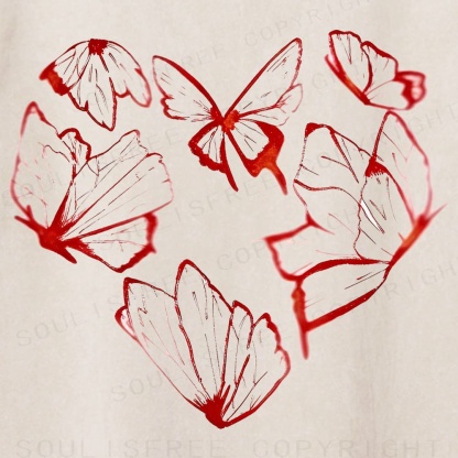 Soulisfree Red Butterfly Heart Outline Cluster Illusion Washed Tee