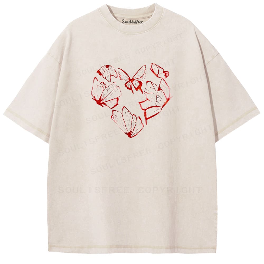 Soulisfree Red Butterfly Heart Outline Cluster Illusion Washed Tee