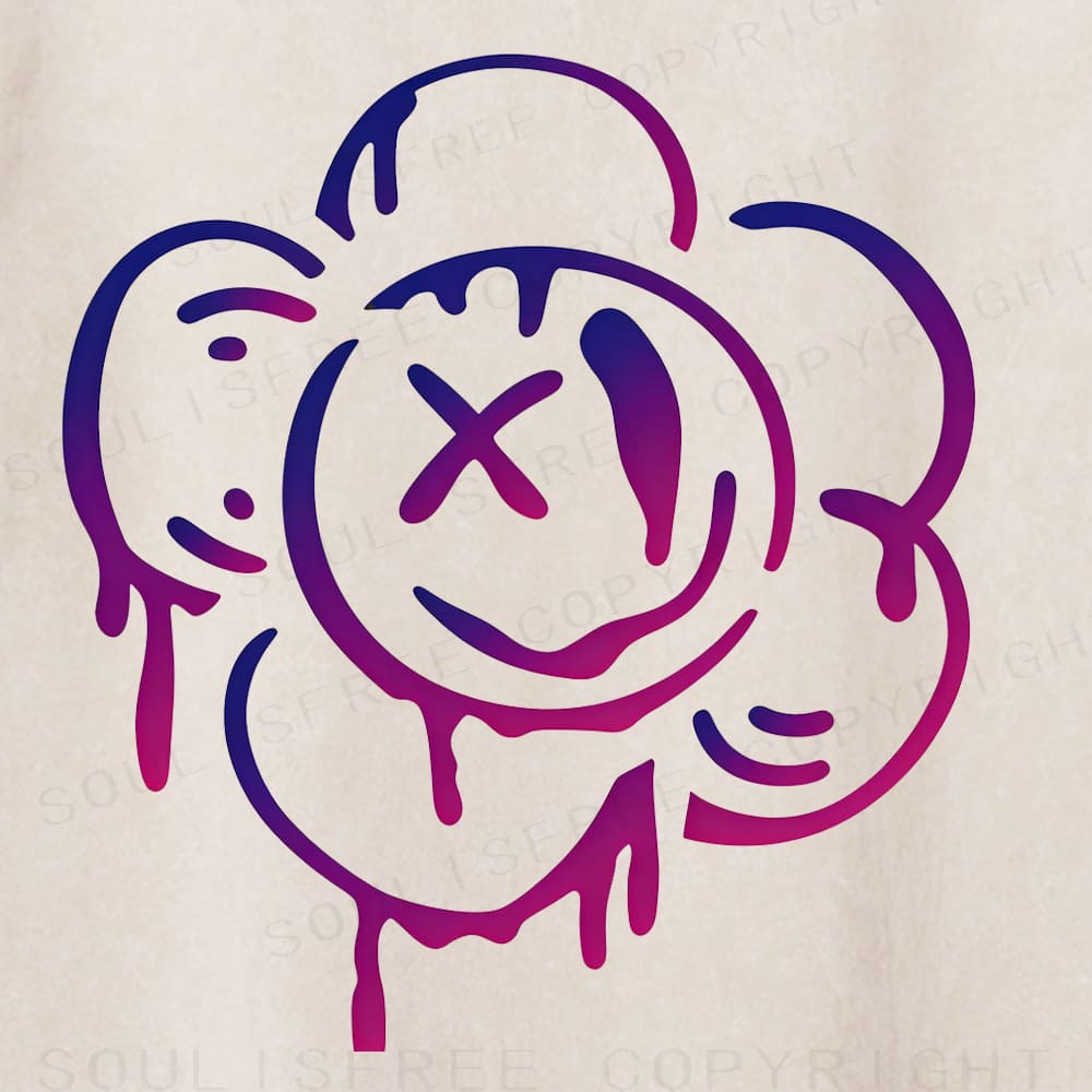 Soulisfree Purple Pink Smile Flower Drip Washed Tee