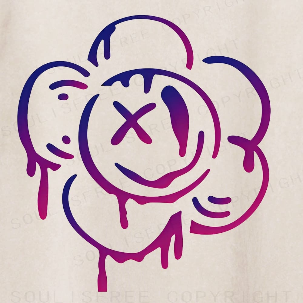 Soulisfree Purple Pink Smile Flower Drip Washed Tee