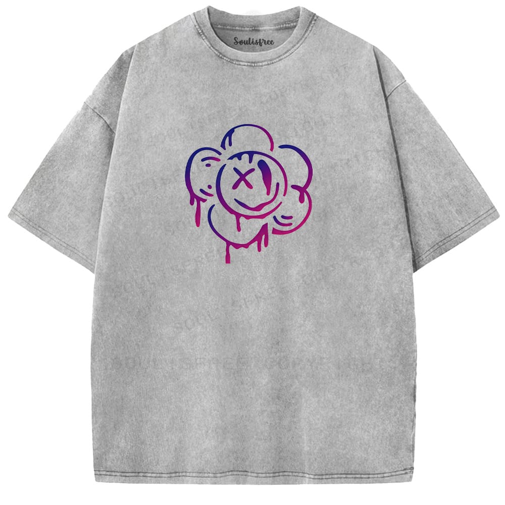 Soulisfree Purple Pink Smile Flower Drip Washed Tee