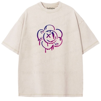 Soulisfree Purple Pink Smile Flower Drip Washed Tee