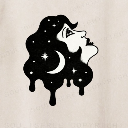 Soulisfree Moon Face Star Hair Drip Ink Washed Tee