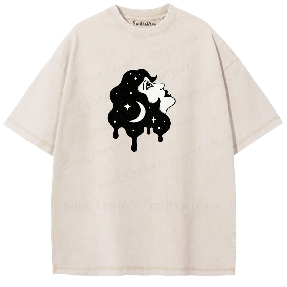 Soulisfree Moon Face Star Hair Drip Ink Washed Tee