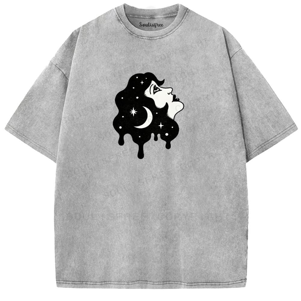 Soulisfree Moon Face Star Hair Drip Ink Washed Tee