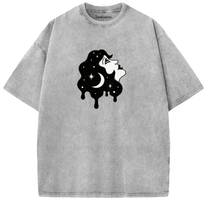 Soulisfree Moon Face Star Hair Drip Ink Washed Tee