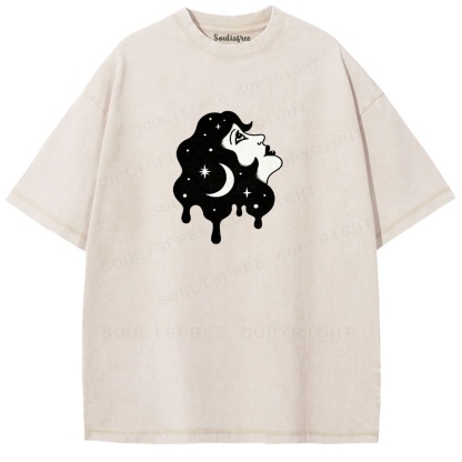 Soulisfree Moon Face Star Hair Drip Ink Washed Tee