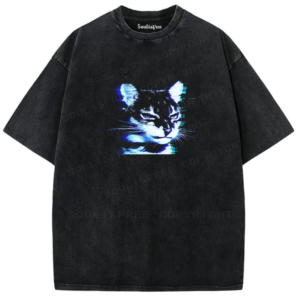 Soulisfree Digital Feline Chromatic Edge Illusion Washed Tee