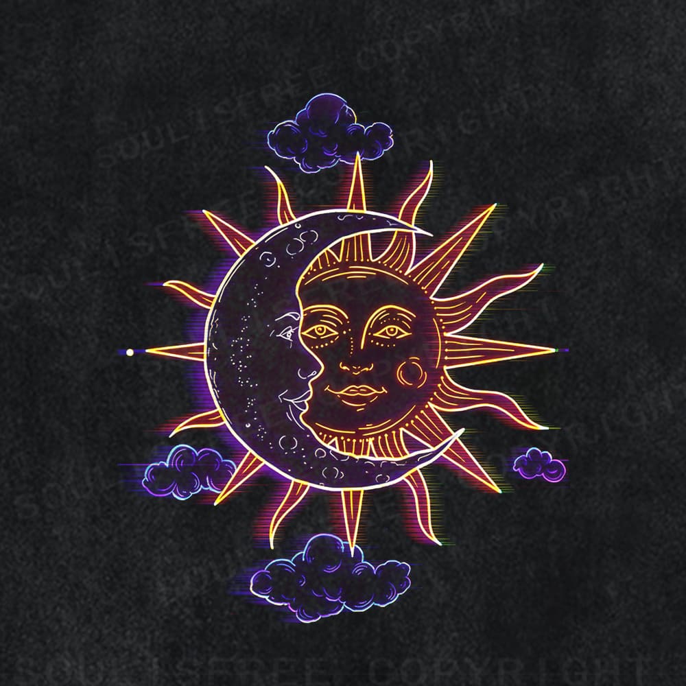 Soulisfree Celestial Duo Sun Moon Face Illusion Washed Tee