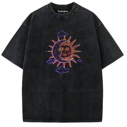 Soulisfree Celestial Duo Sun Moon Face Illusion Washed Tee