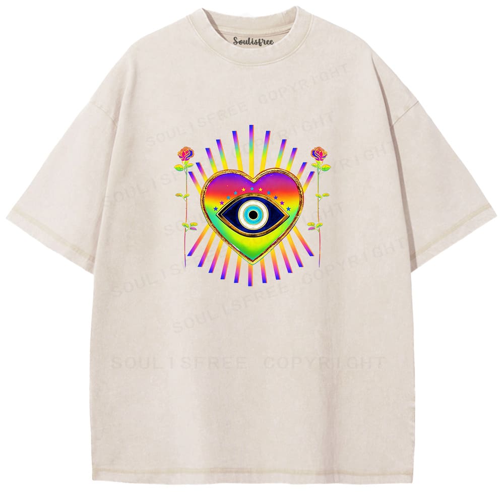 Soulisfree Rainbow Heart Cosmic Eye Mystic Vibe Washed Tee
