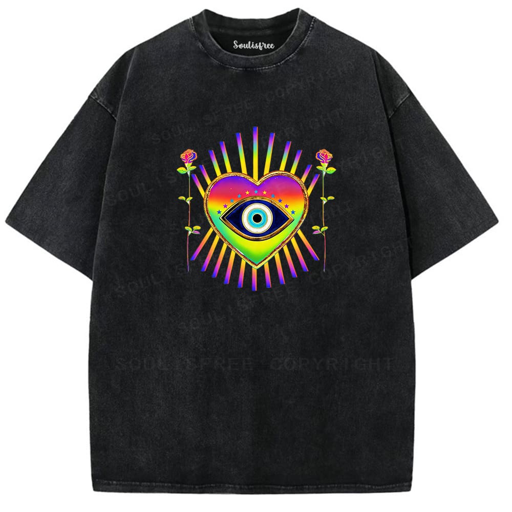 Soulisfree Rainbow Heart Cosmic Eye Mystic Vibe Washed Tee