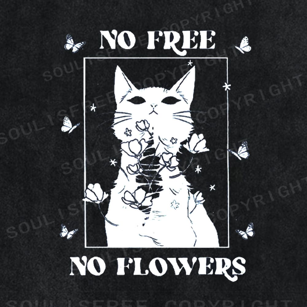 Soulisfree White Cat Floral Frame Washed Tee