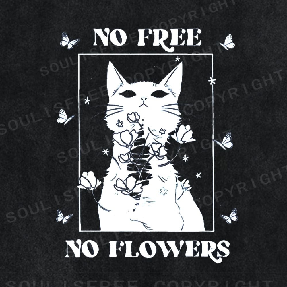 Soulisfree White Cat Floral Frame Washed Tee