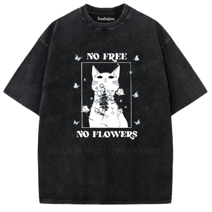 Soulisfree White Cat Floral Frame Washed Tee