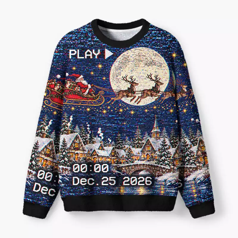 Soulisfree Santa Sleigh Christmas Fuzzy Crewneck Sweater
