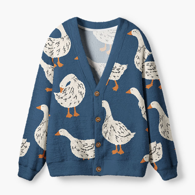 Soulisfree Scattered ivory geese Fuzzy Cardigan Sweater