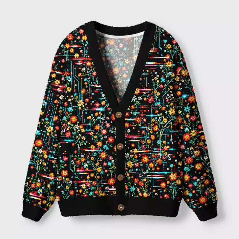 Soulisfree Skeletons in neon bloom Fuzzy Cardigan Sweater