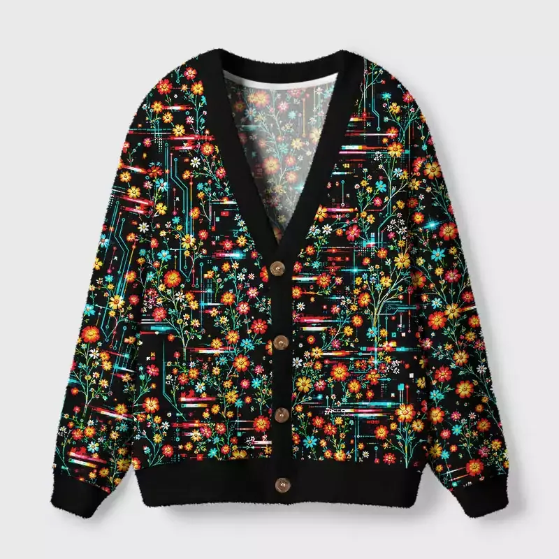 Soulisfree Skeletons in neon bloom Fuzzy Cardigan Sweater