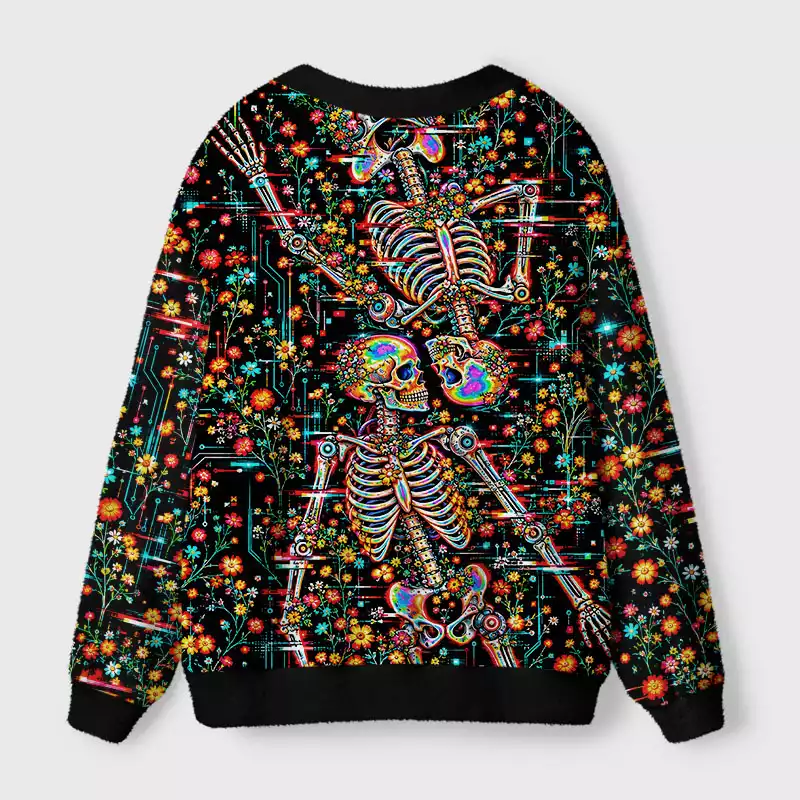 Soulisfree Skeletons in neon bloom Fuzzy Cardigan Sweater