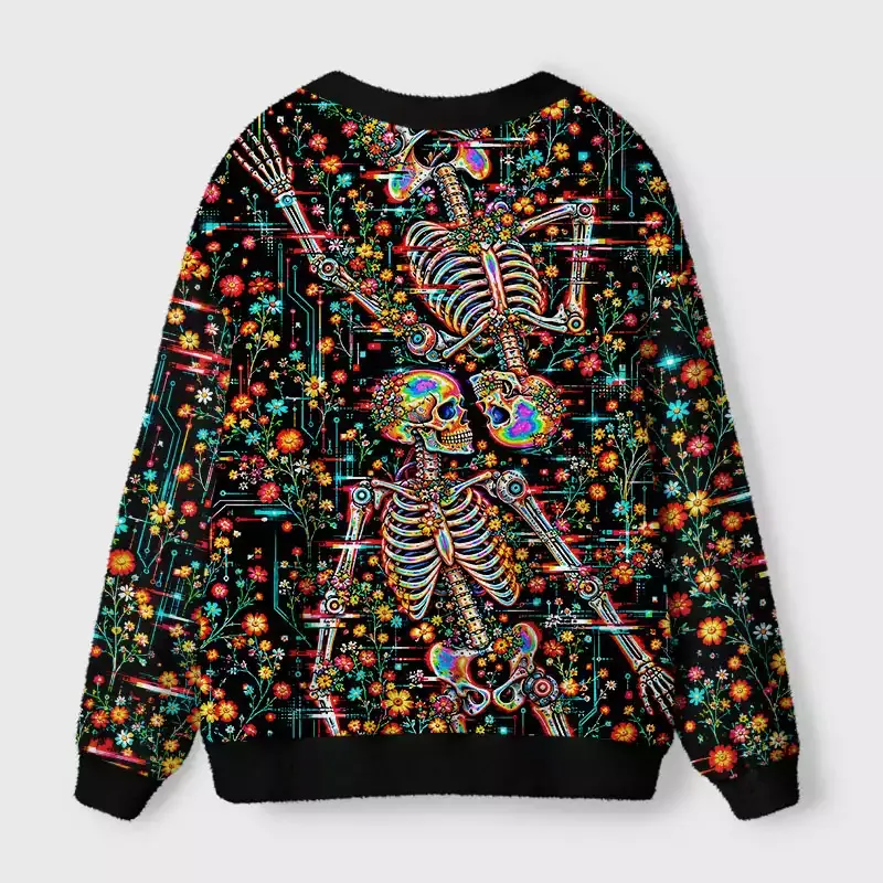 Soulisfree Skeletons in neon bloom Fuzzy Cardigan Sweater