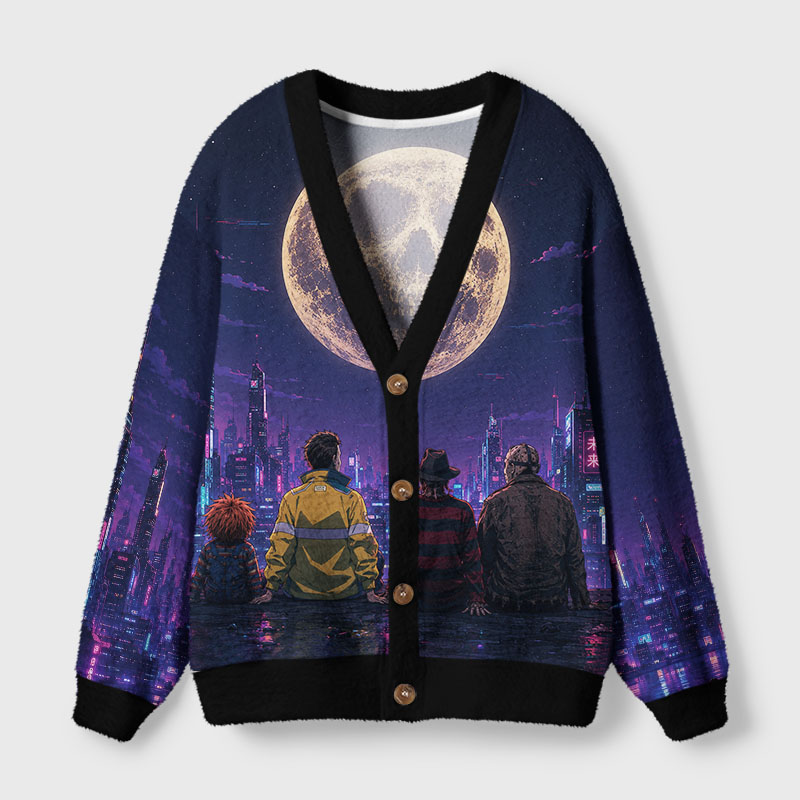 Soulisfree Skull Moon Over Neon Cybercity Cardigan Fuzzy Cardigan Sweater 