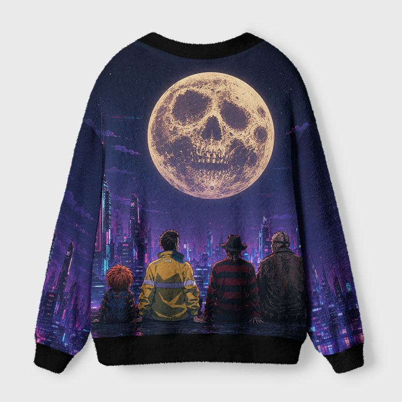 Soulisfree Skull Moon Over Neon Cybercity Cardigan Fuzzy Cardigan Sweater 