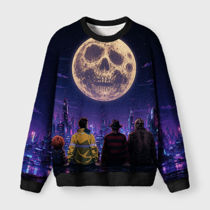 Soulisfree Skull Moon Over Neon Cybercity Fuzzy Crewneck Sweater