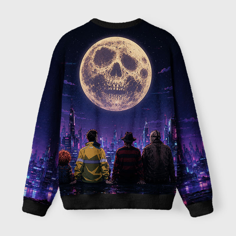 Soulisfree Skull Moon Over Neon Cybercity Fuzzy Crewneck Sweater