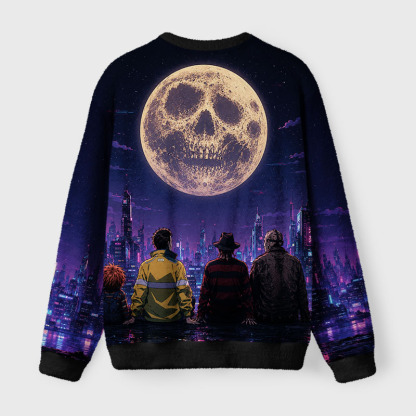 Soulisfree Skull Moon Over Neon Cybercity Fuzzy Crewneck Sweater
