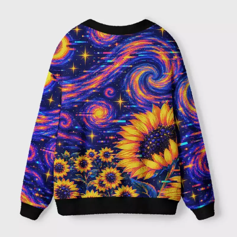 Soulisfree Sunflowers Under a Glitched Cosmos Fuzzy Cardigan Sweater
