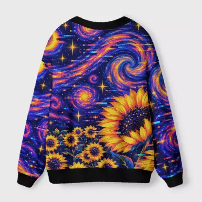 Soulisfree Sunflowers Under a Glitched Cosmos Fuzzy Cardigan Sweater