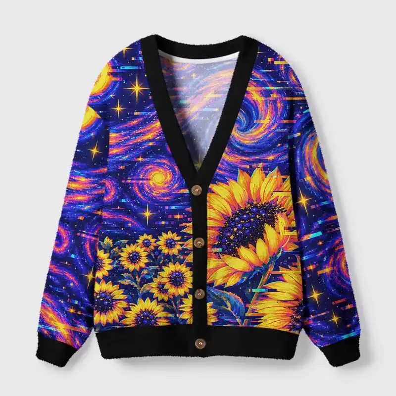 Soulisfree Sunflowers Under a Glitched Cosmos Fuzzy Cardigan Sweater