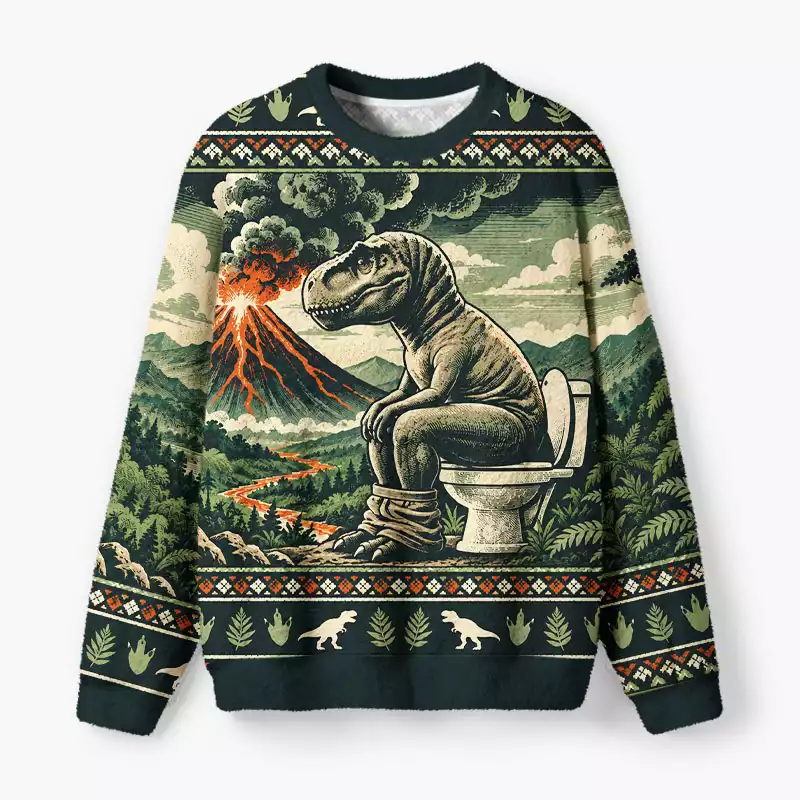 Soulisfree T-Rex on a Prehistoric Toilet Fuzzy Crewneck Sweater