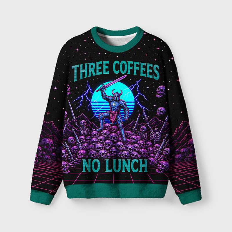 Soulisfree Three Coffees No Lunch Fuzzy Crewneck Sweater
